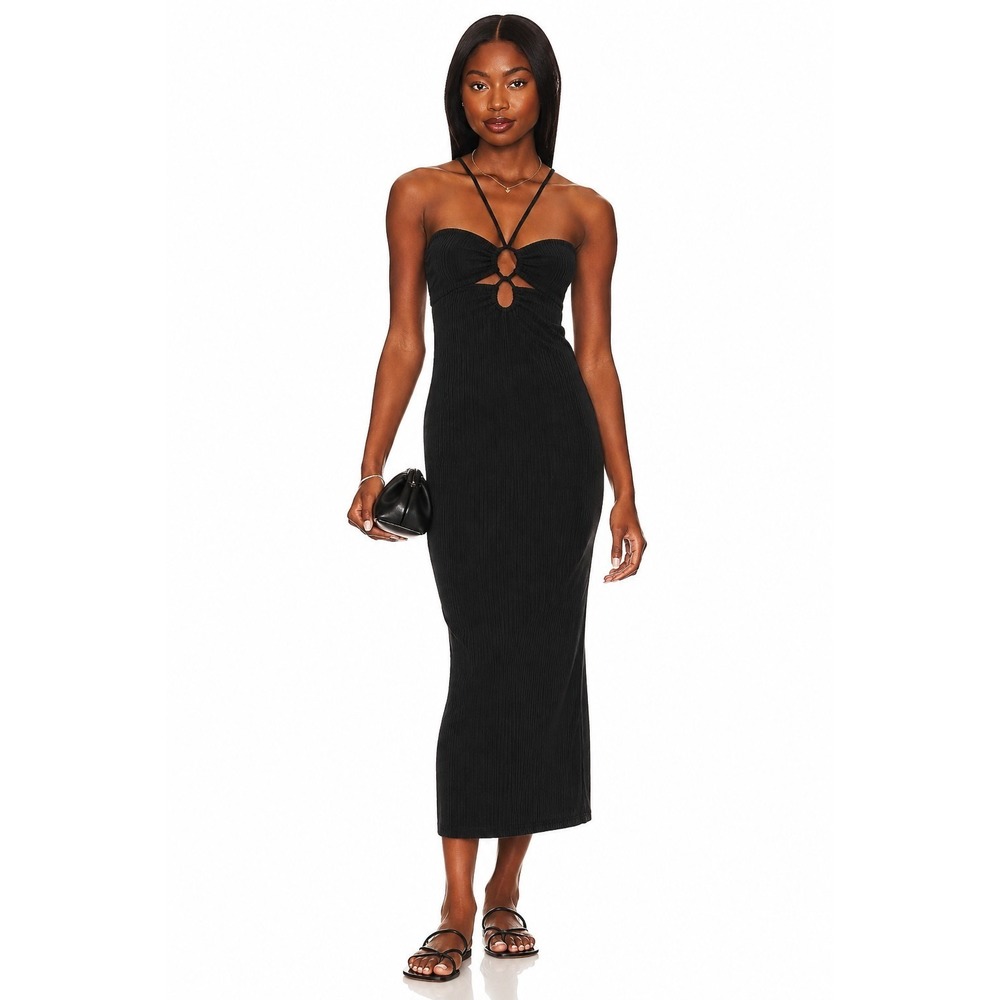L*Space Ellery Dress Womens XS Washed Black Ribbed Cutout Halter Midi Dress